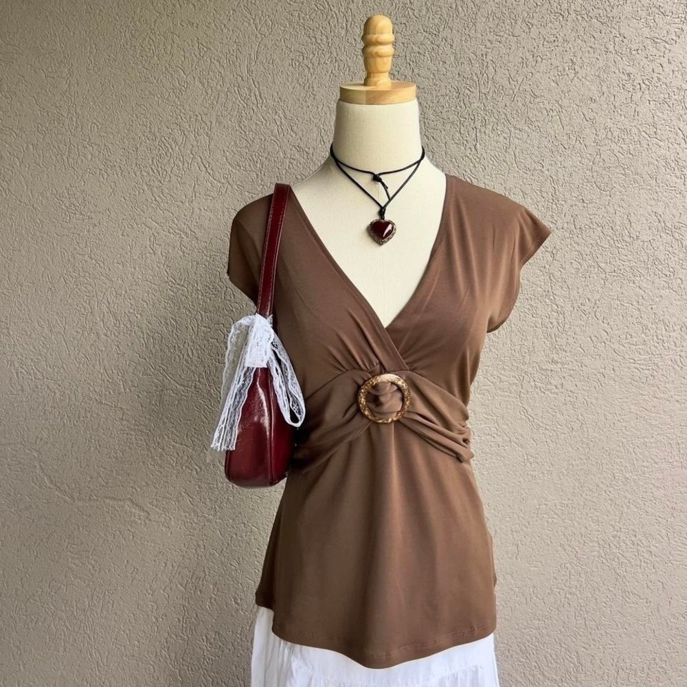 Vintage Y2K Brown Babydoll Top Blouse Short Sleeve Size Medium Boho Fairy